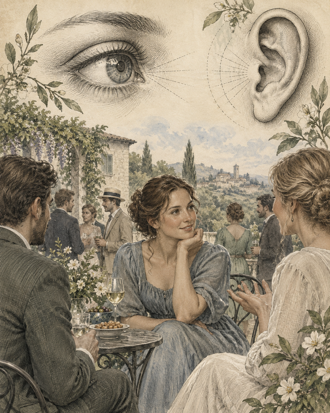 Vintage illustration of attentive conversation with eye and ear studies.