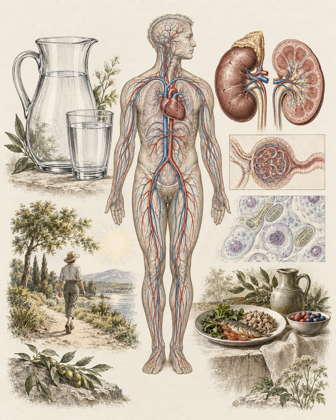 Vintage circulation and kidney studies illustrating ordinary hydration needs.