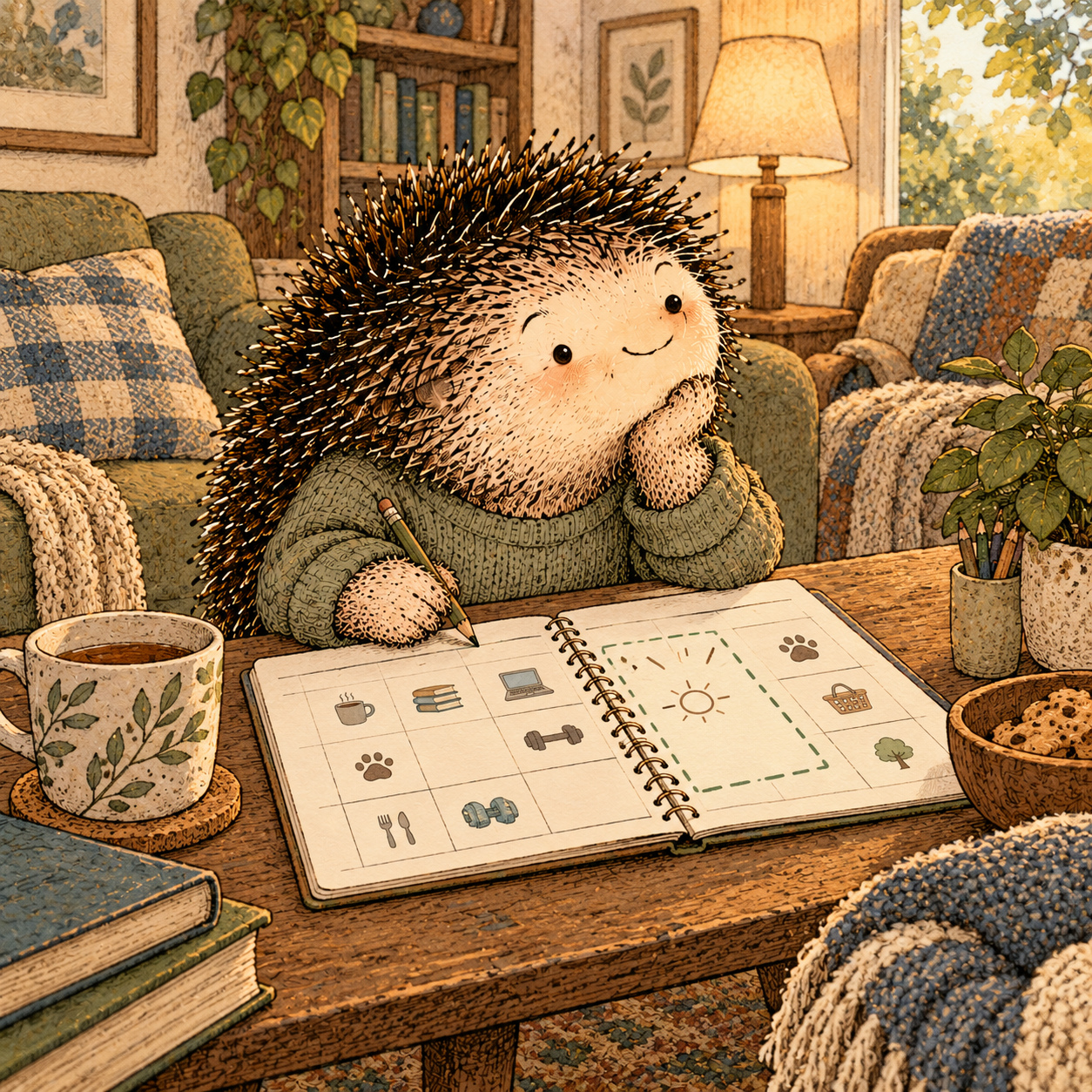 A gentle cream-faced, spiky-furred woodland companion exploring Day 299: Build a Calendar That Leaves Room for Being Human