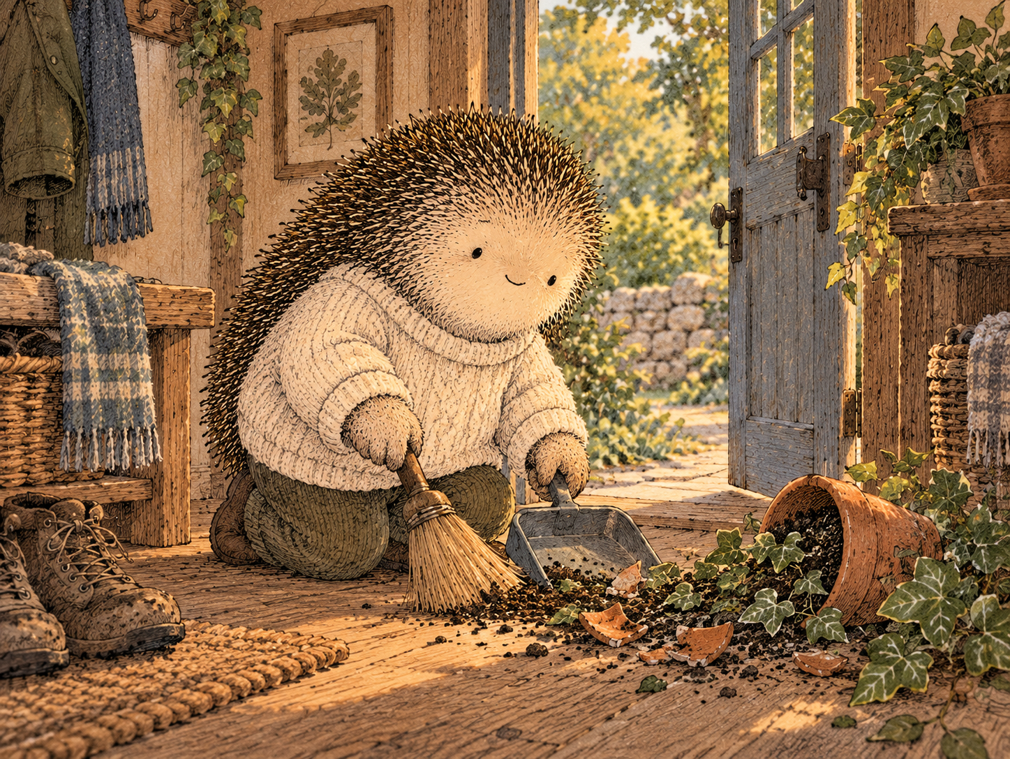 Day 148: Earlier Action Can Reduce Both Emotional Intensity and Cleanup. Woodland hedgehog illustration.