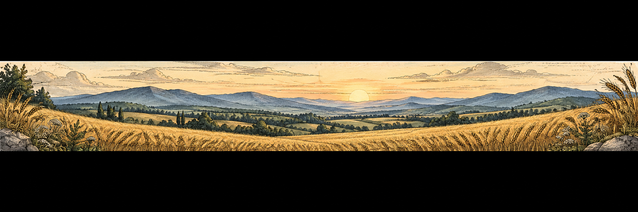 Golden wheat fields leading to distant blue hills
