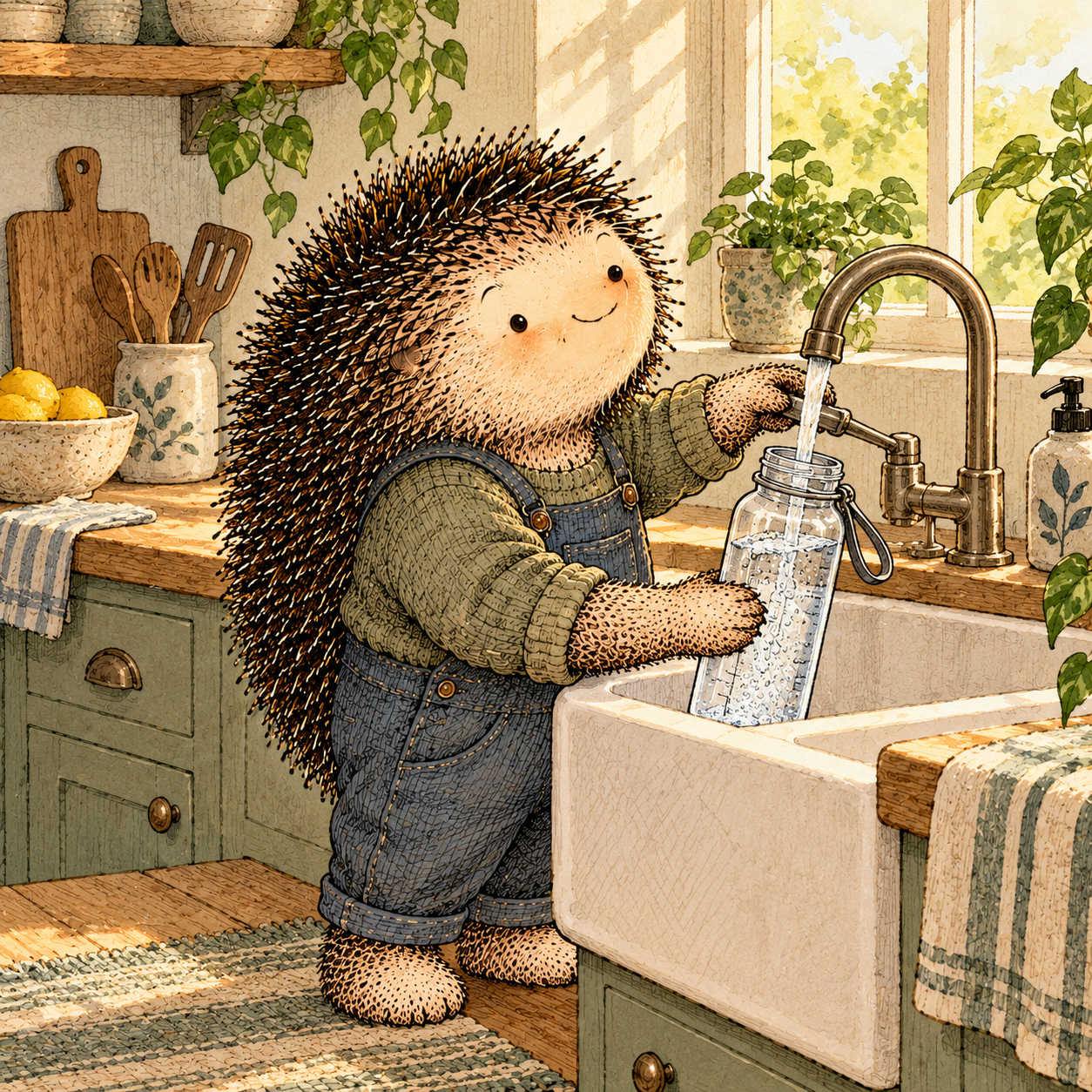 A gentle cream-faced, spiky-furred woodland companion exploring Day 101: Hydration Without Obsession