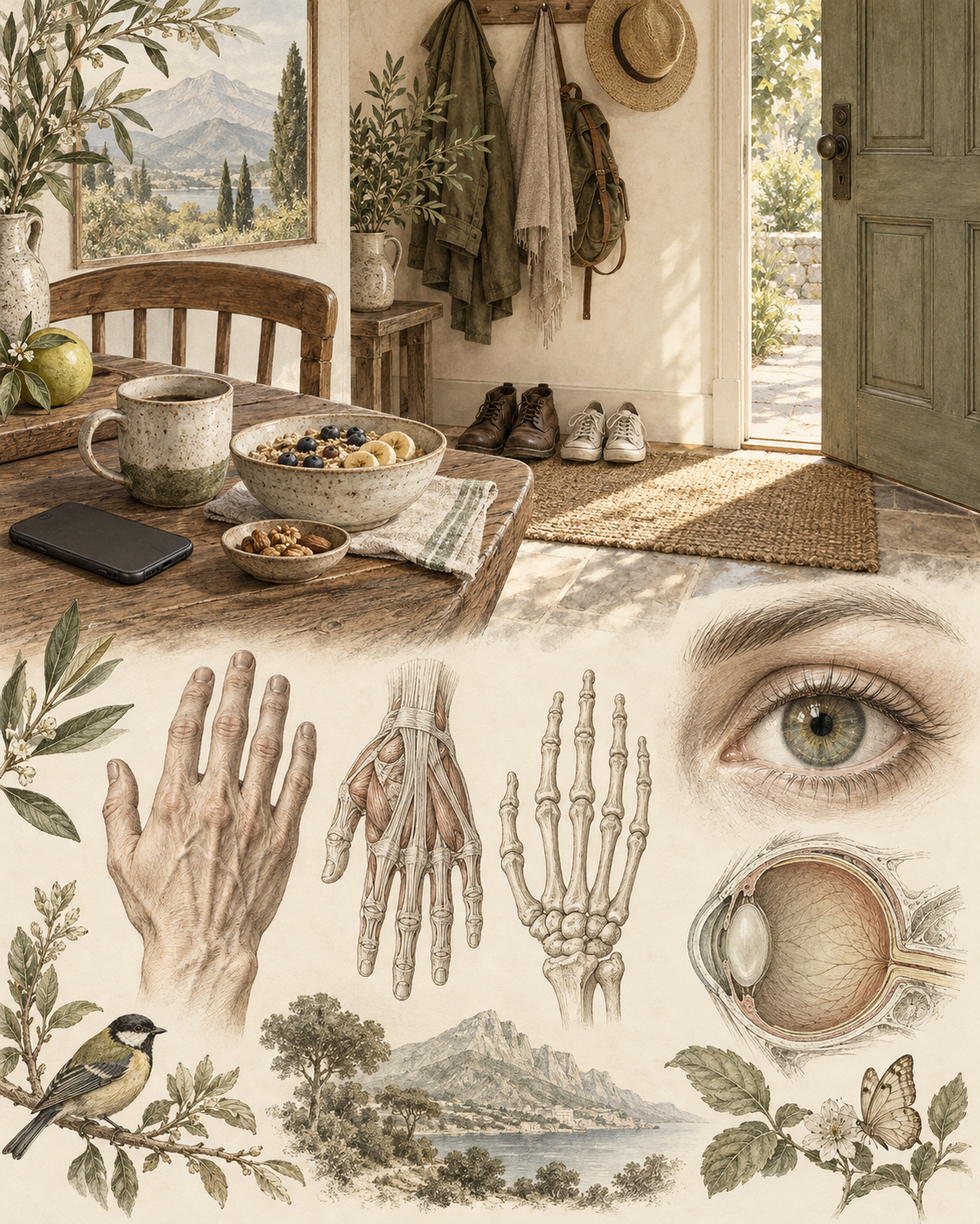 Shoes beside a doorway and breakfast supplies with anatomical hand and eye studies.
