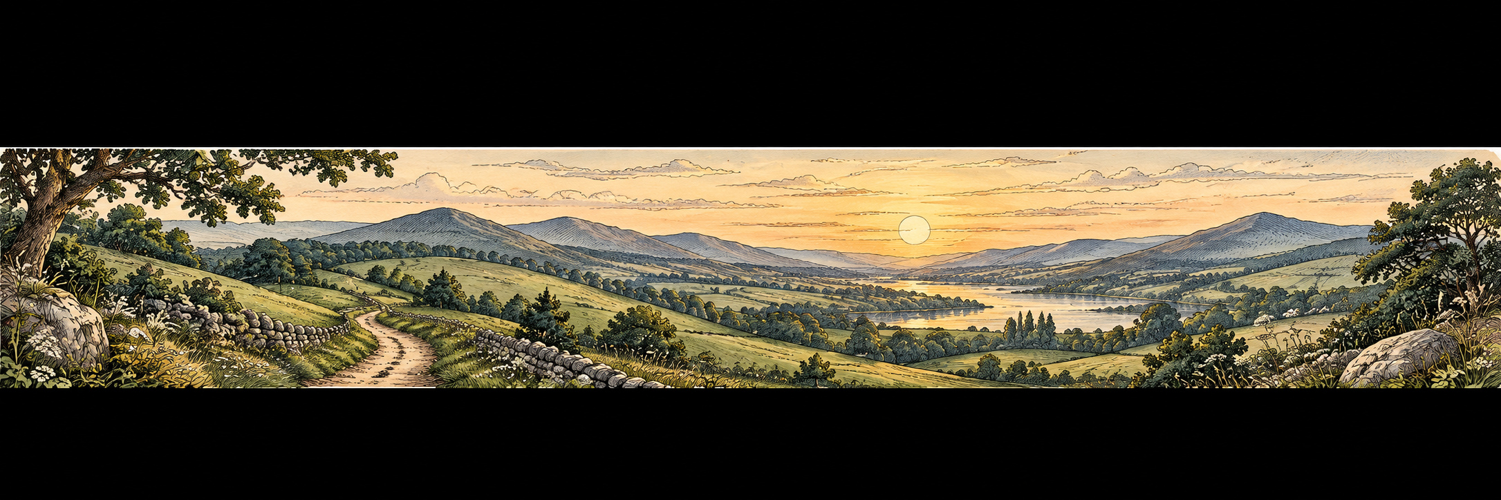 Rolling green hills with a winding country footpath