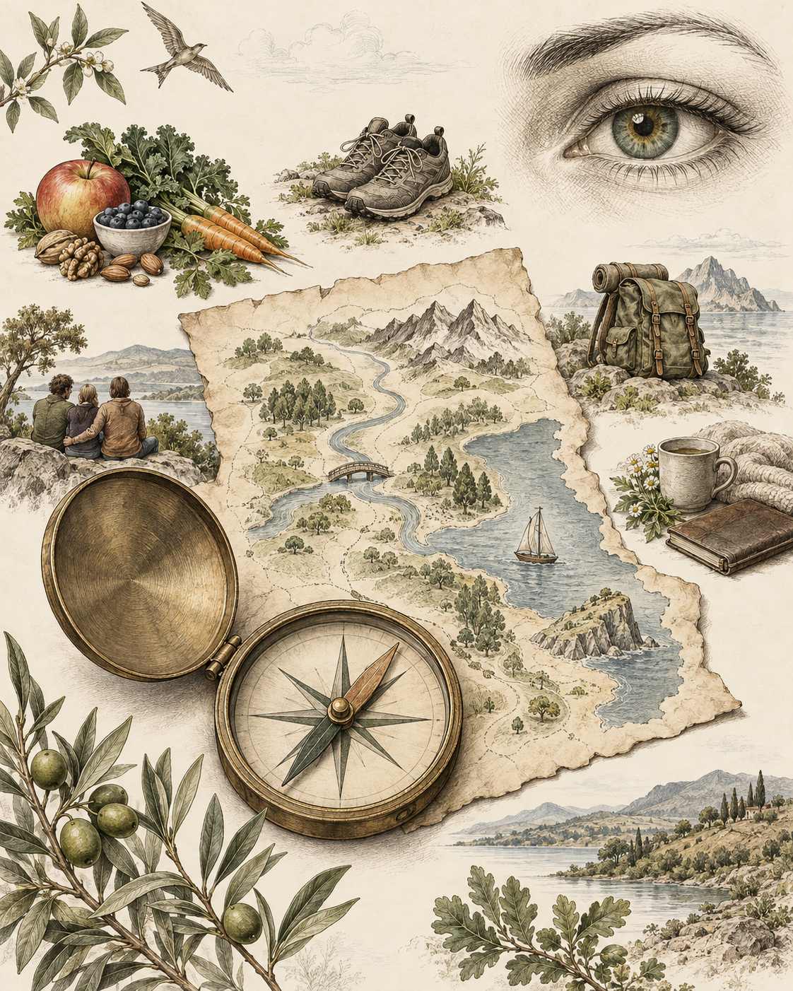 A flexible landscape map and compass surrounded by everyday routine anchors.