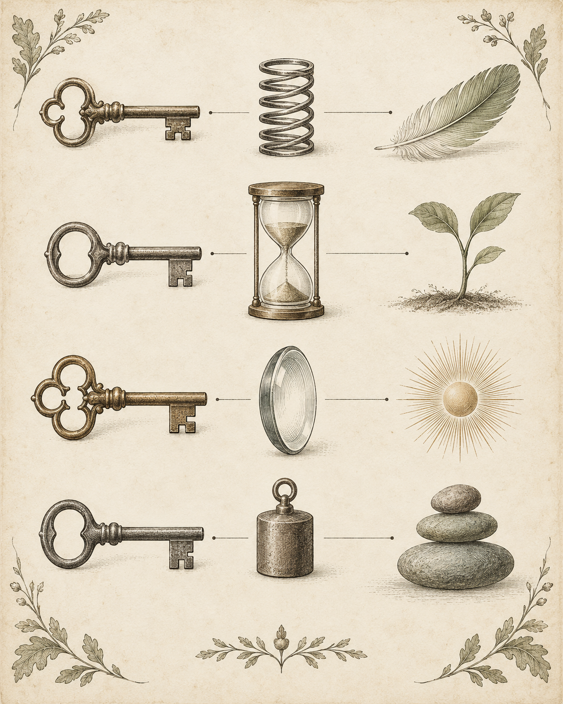 Antique illustration of distinct tools matched to different functions.