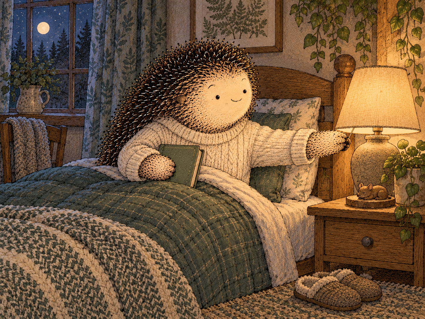 Day 291: A More Predictable Sleep Environment Can Reduce Stimulation and Make the Final Transition of the Day Easier. Woodland hedgehog illustration.