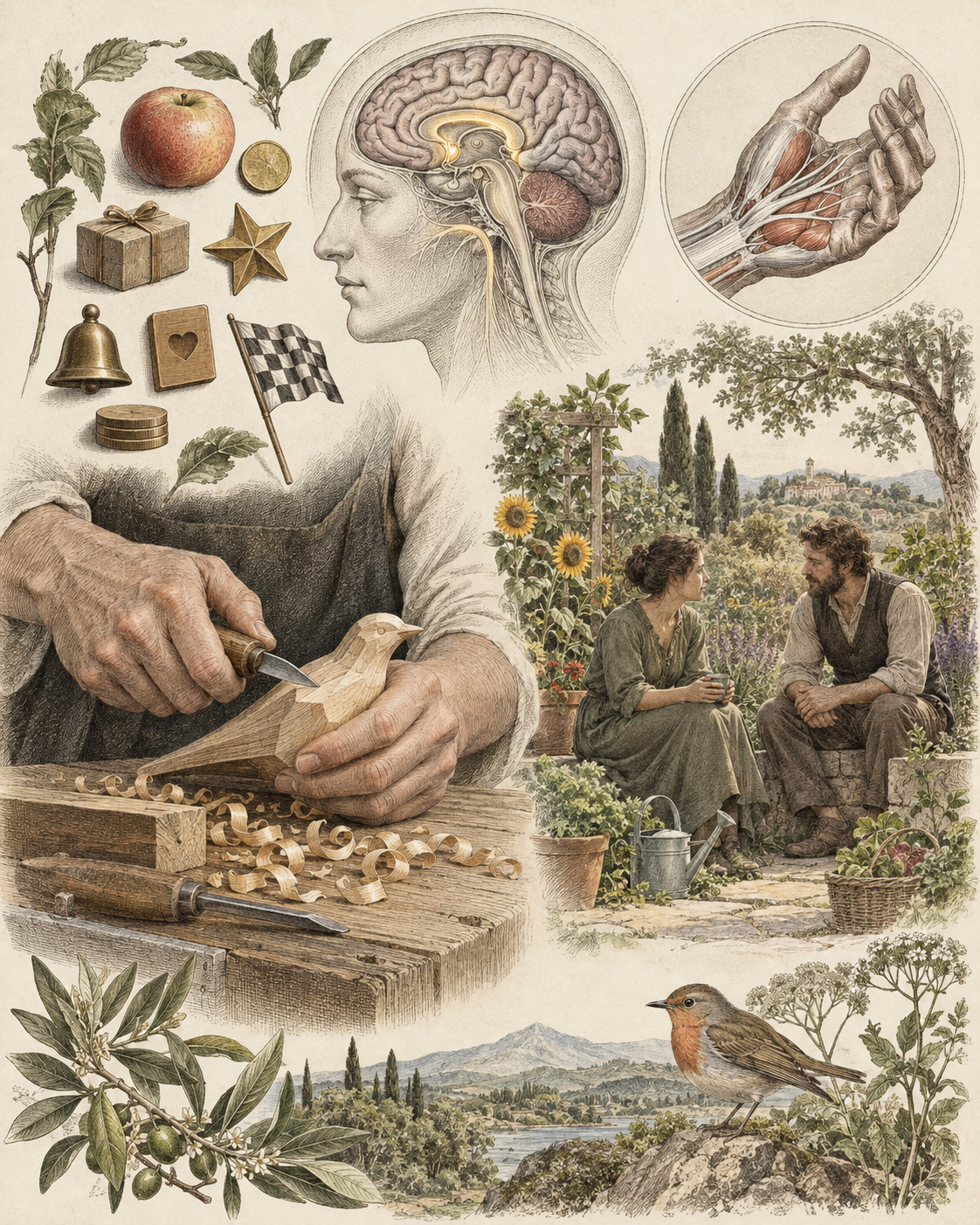 Immediate reward tokens contrasted with craft, gardening and connection.
