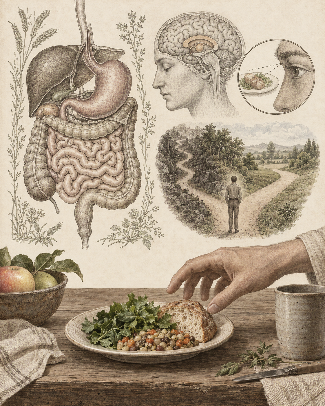 Vintage digestive study and meal illustrating body-state conditions around a decision.