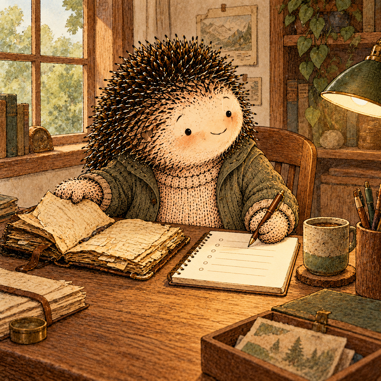 A gentle cream-faced, spiky-furred woodland companion exploring Day 203: Let the Past Be Data, Not Direction