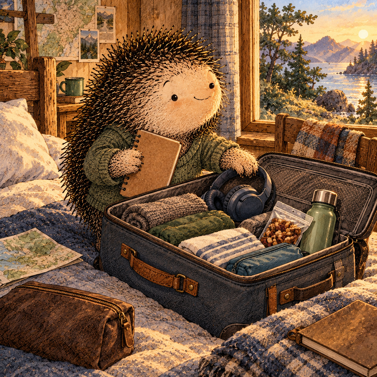 A gentle cream-faced, spiky-furred woodland companion exploring Day 84: Your Travel Blueprint