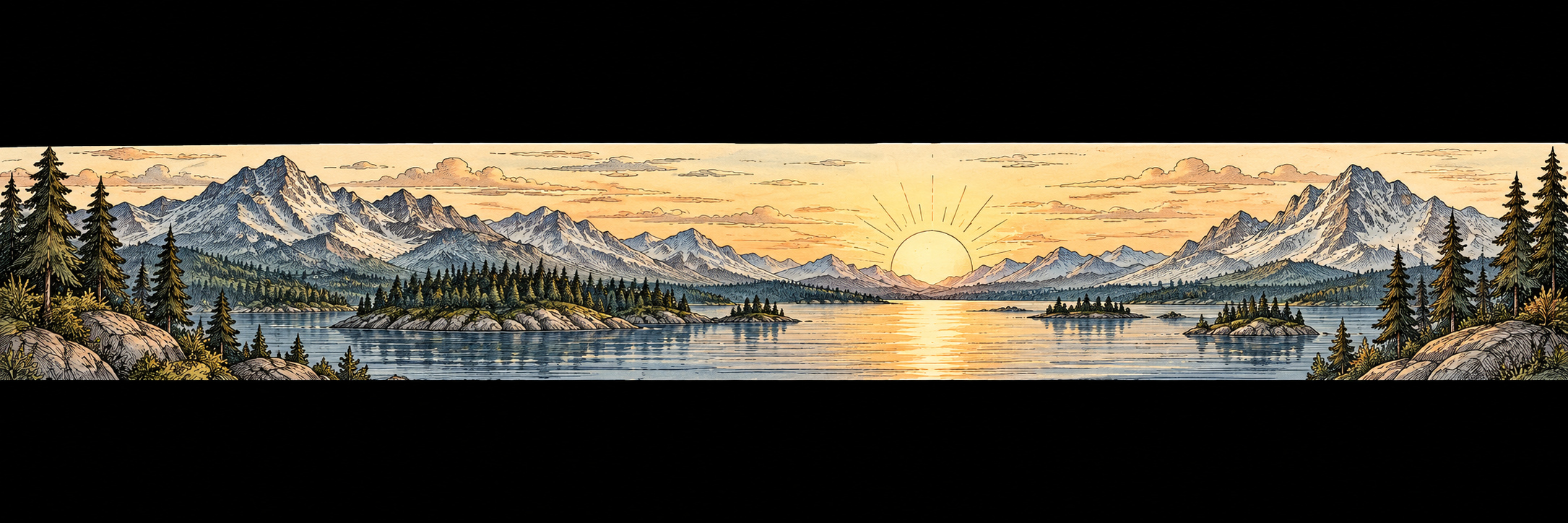 Expansive mountain lake sunrise with a broad hopeful horizon