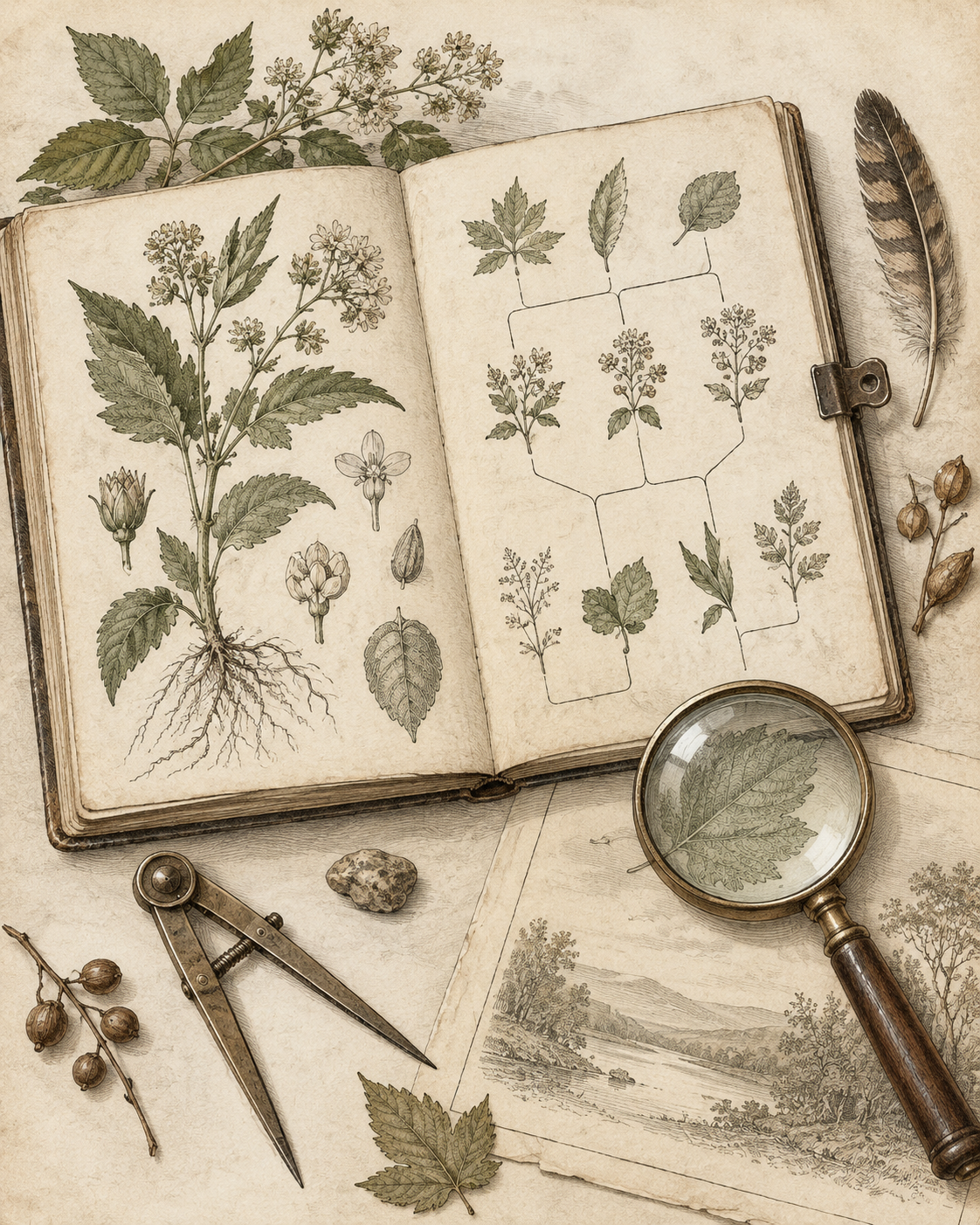 Antique field journal and measuring tools for comparing observations.