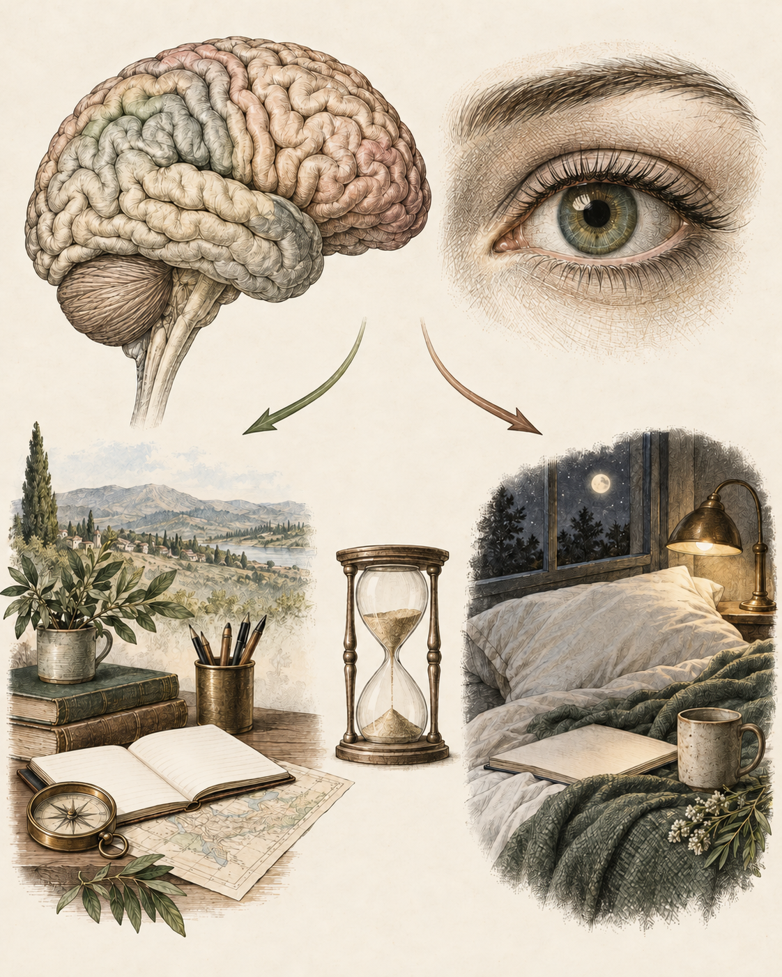 Antique brain and eye studies above early planning and a quiet late evening.