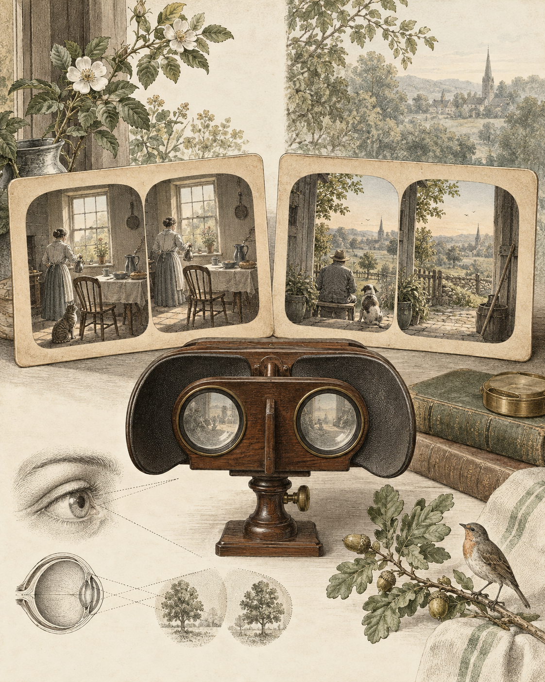 Vintage stereoscope and eye study illustrating deliberate comparison of everyday changes.