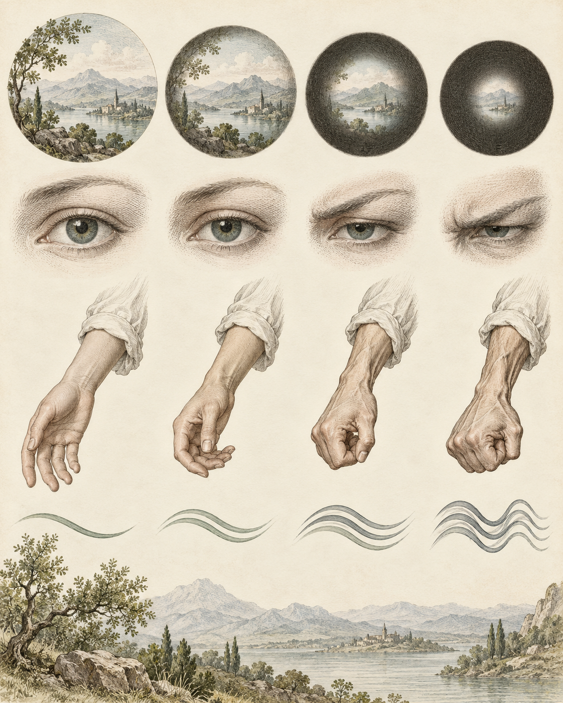 Increasing hand tension and narrowing attention illustrated in four unnumbered stages.