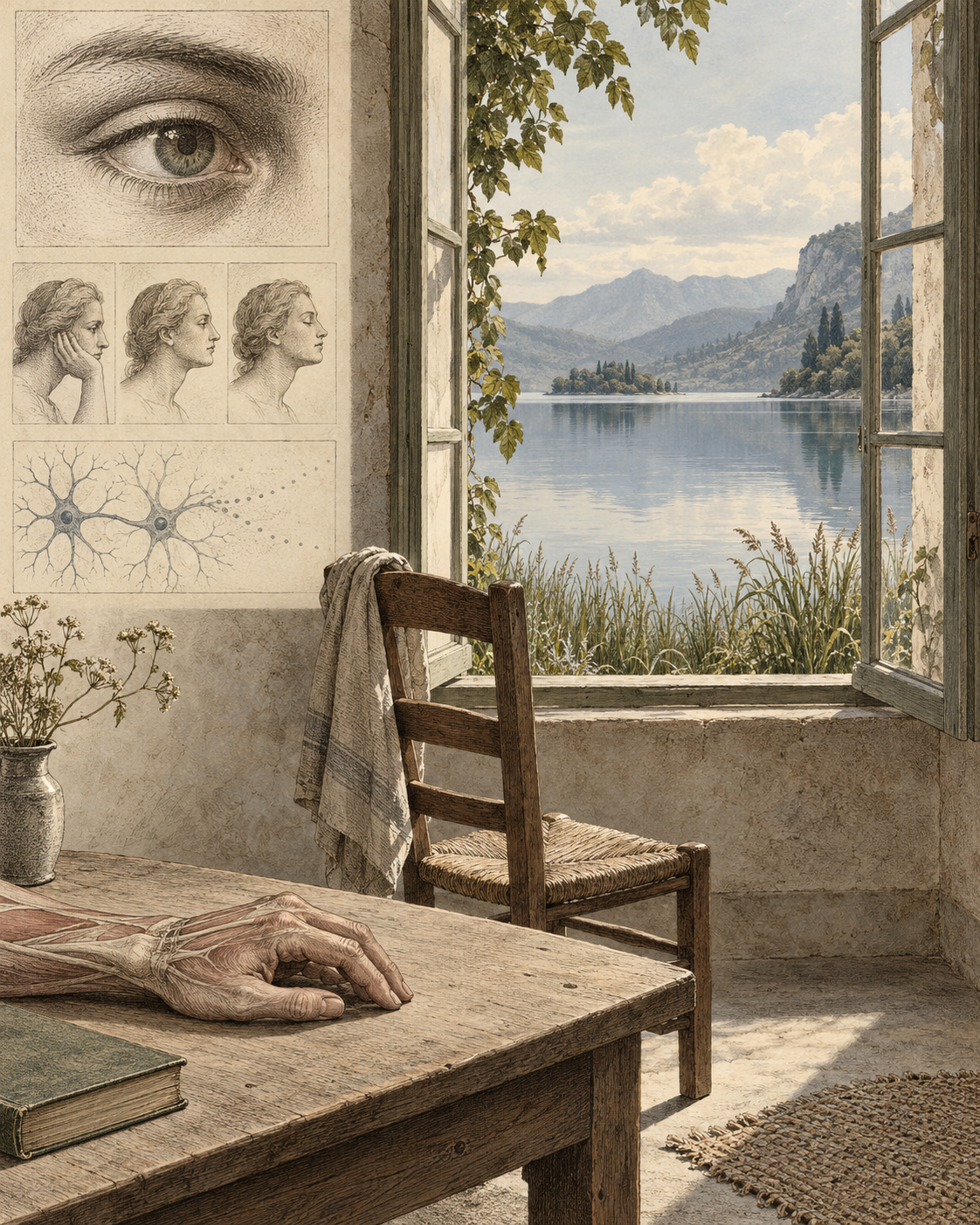 A quiet chair, resting hand and still lake in antique scientific engraving.