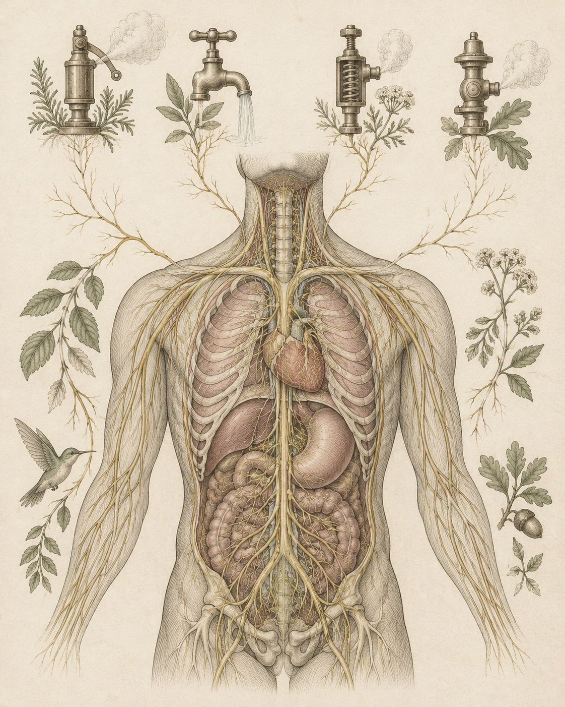 Antique illustration of autonomic nerves and pressure-release mechanisms.