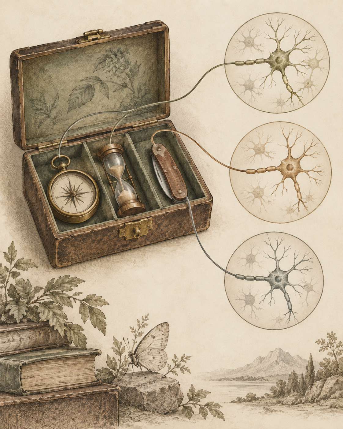 Antique compact toolkit linked to three practised neural pathways.