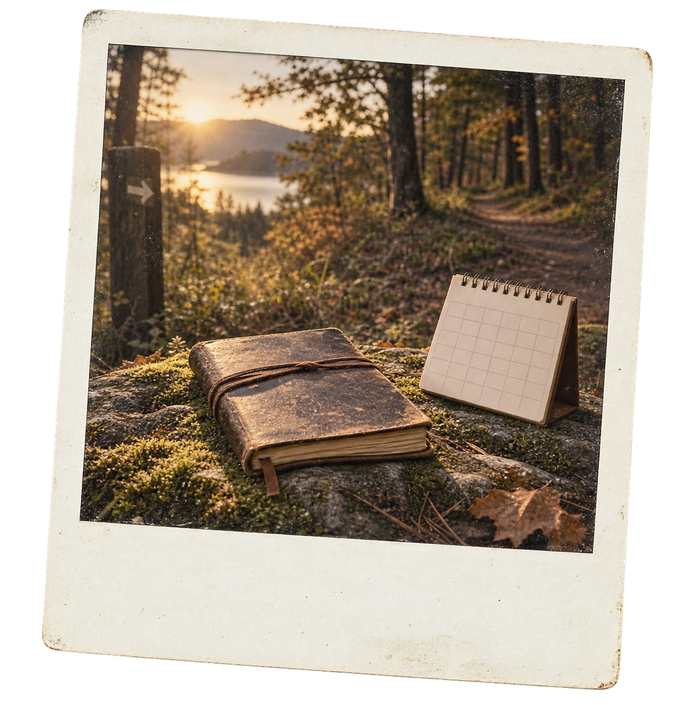A woodland path with a worn blank journal and small calendar without legible text.