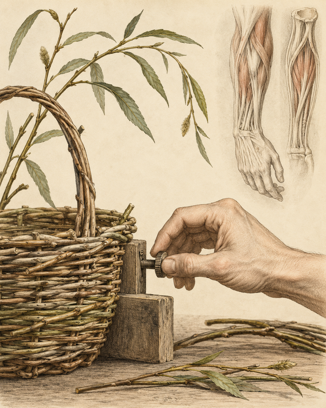 Vintage flexible willow and articulated hand illustrating useful control and flexibility.