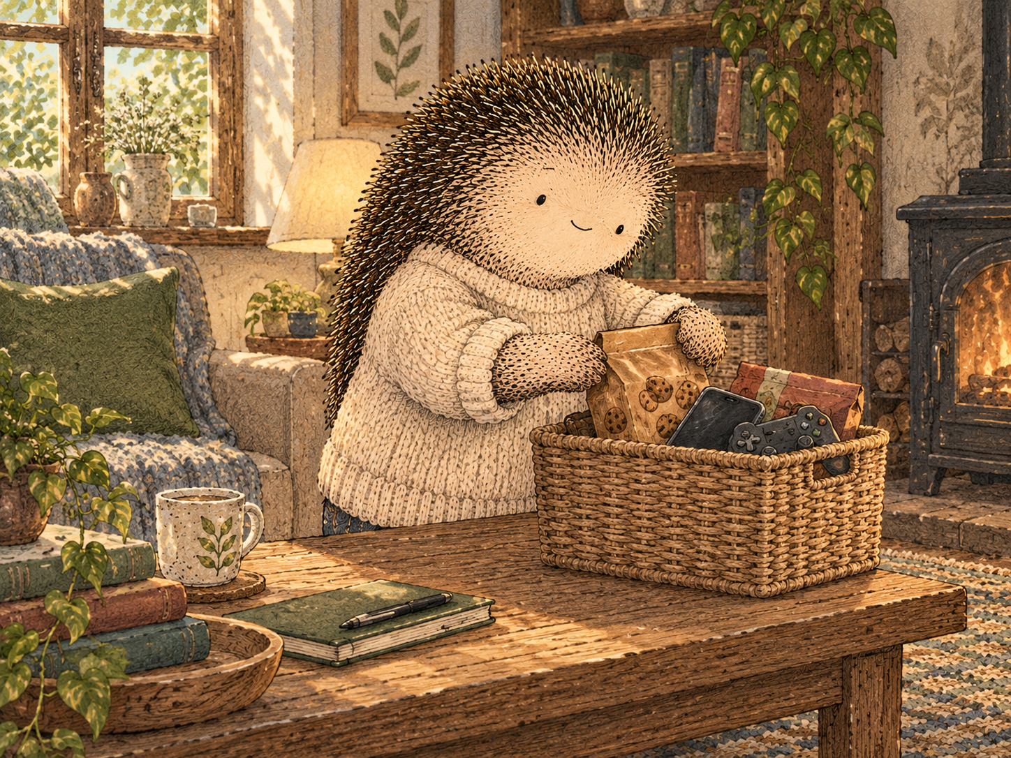 Day 282: Changing the Environment Can Reduce the Number of Times You Have to Win the Same Internal Argument. Woodland hedgehog illustration.