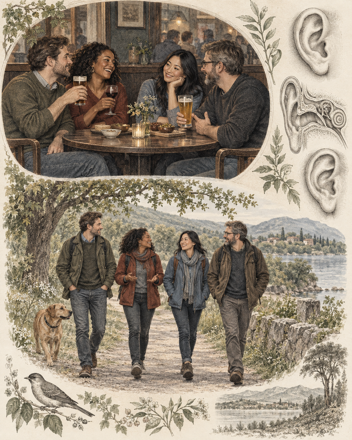 Vintage illustration of friends meeting in different settings, with an anatomical ear study.