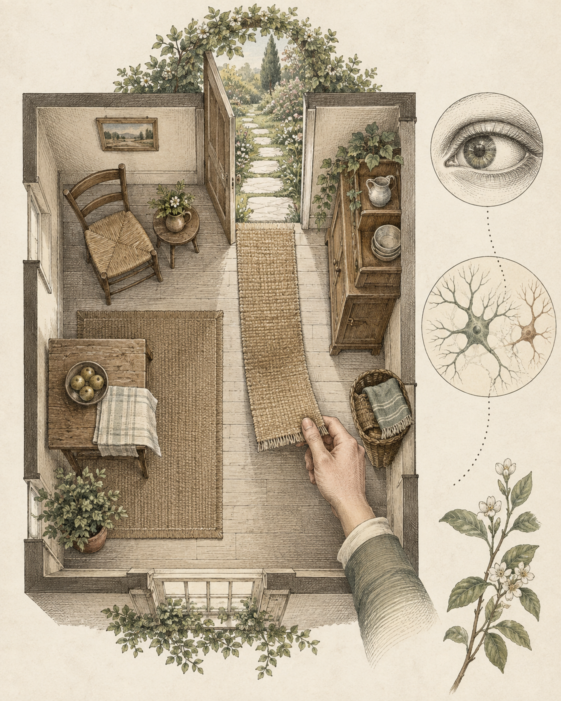Vintage room plan illustrating environmental cues and convenience.