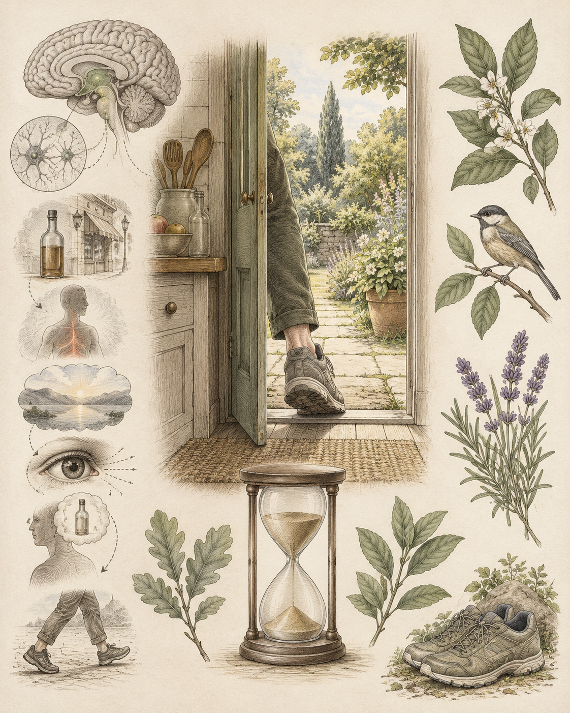 Vintage doorway and sensory studies illustrating interruption of an urge sequence.