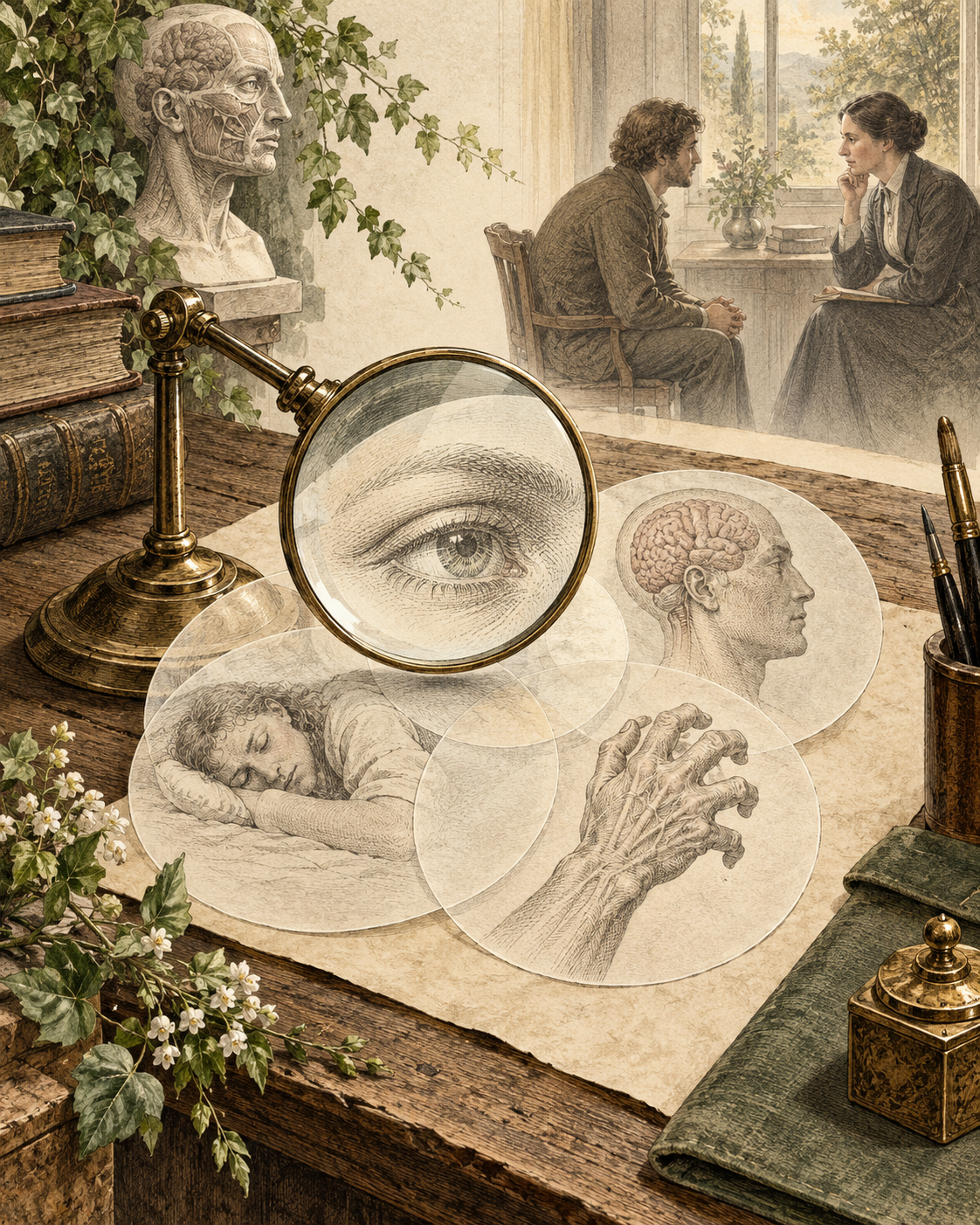 Vintage observation lens and anatomical studies illustrating symptoms beyond immediate relief.