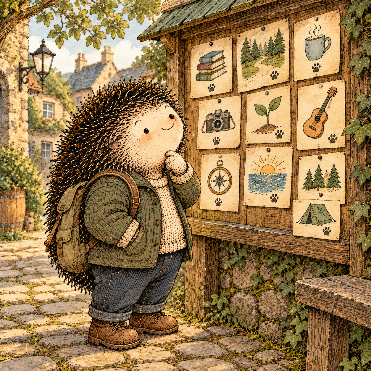 A gentle cream-faced, spiky-furred woodland companion exploring Day 330: What Do You Want More Of Now?