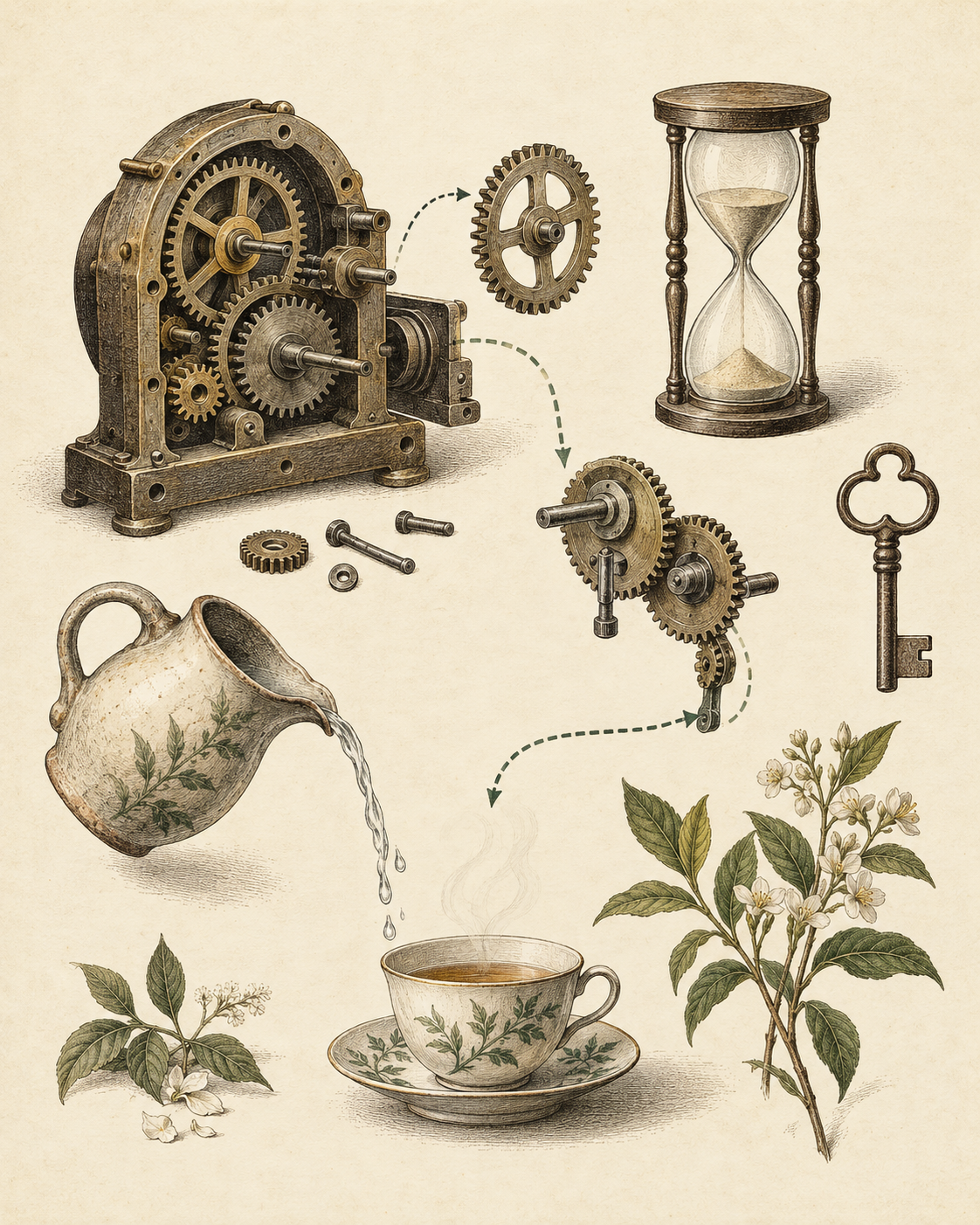 Vintage gears and ritual objects illustrating an automatic sequence and a new pathway.