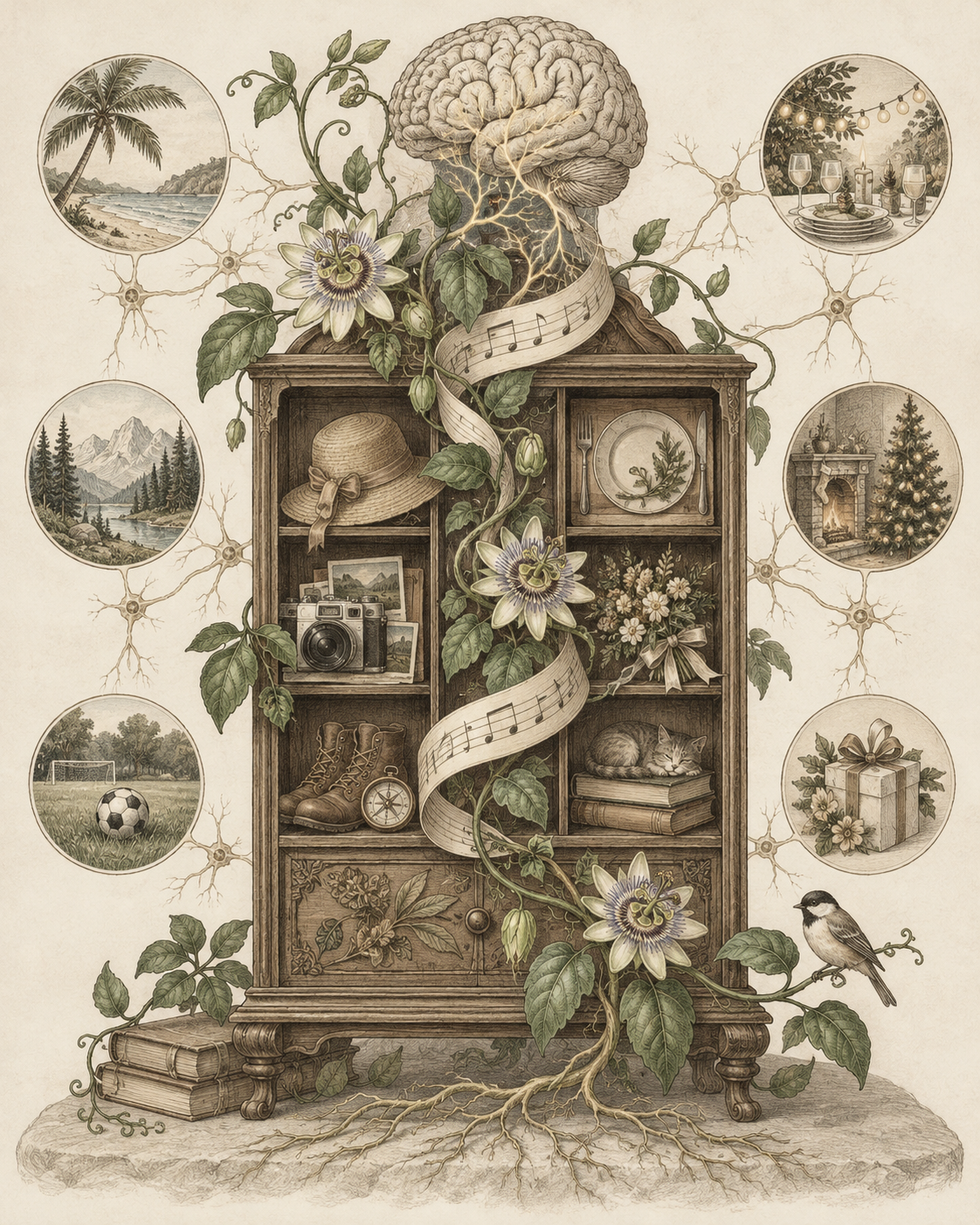 Antique illustration of associative memory and familiar occasion cues.