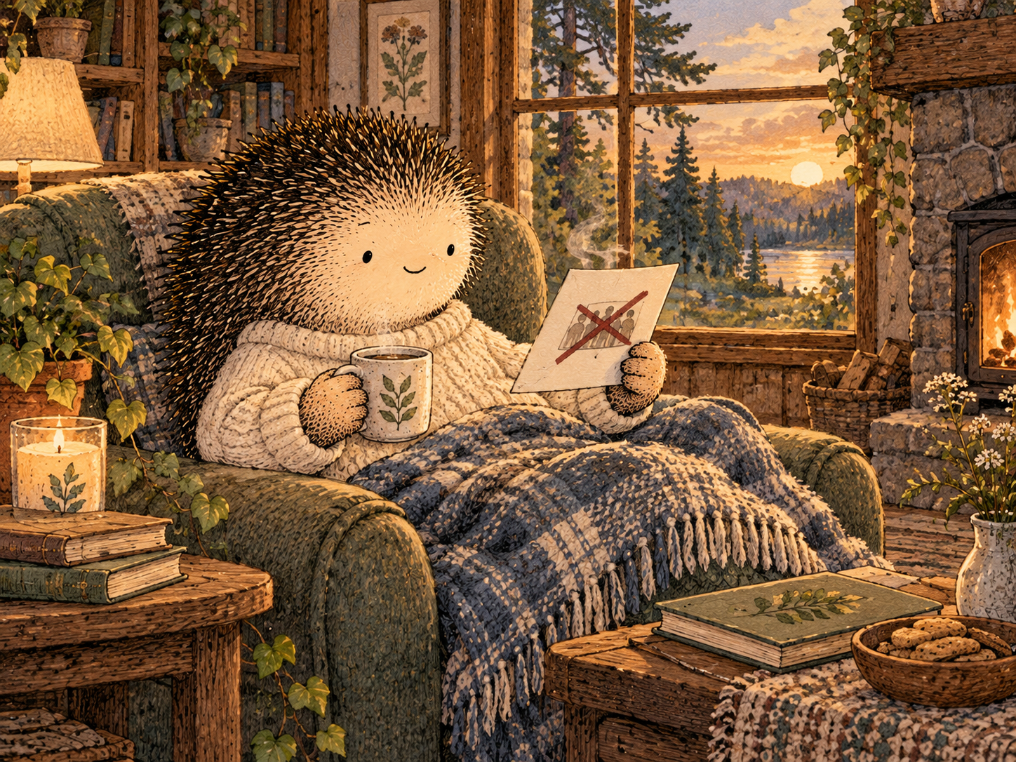 Day 117: Removing One Low-Value Commitment Can Create More Recovery Than Adding Another Wellness Habit. Woodland hedgehog illustration.