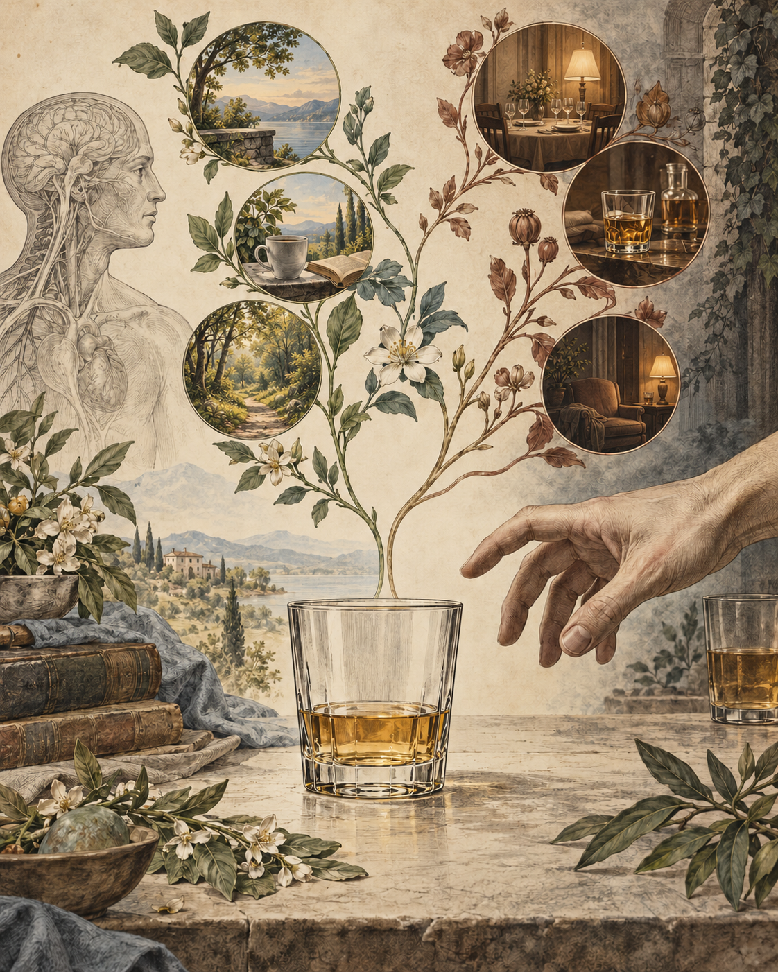 Vintage still life of a single glass and branching contexts with anatomical studies.