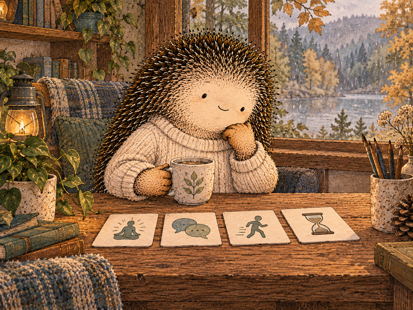 Day 146: A Small Menu Gives You More Than One Exit. Woodland hedgehog illustration.