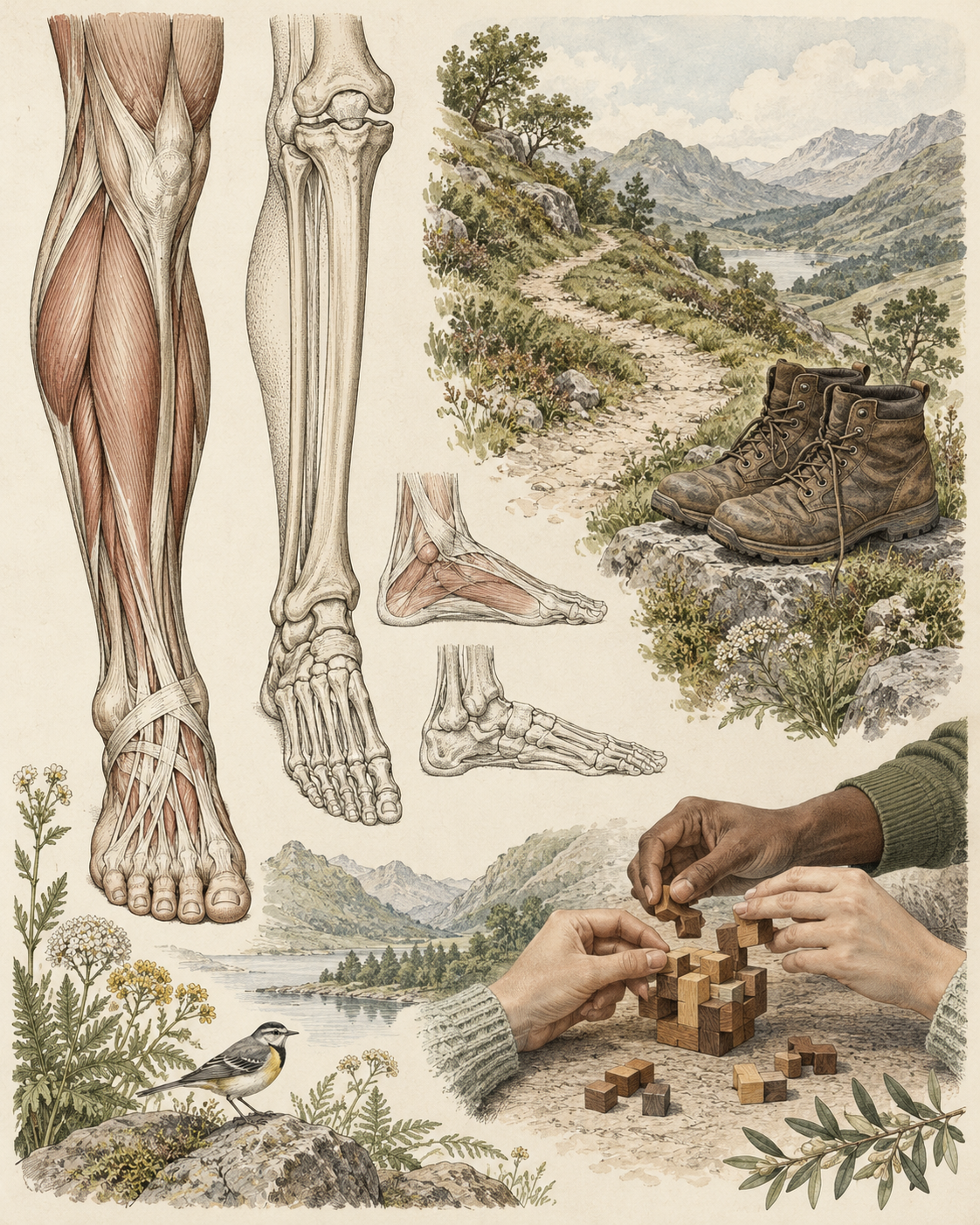 Walking boots, a path and hands working a puzzle beside leg and foot anatomy.
