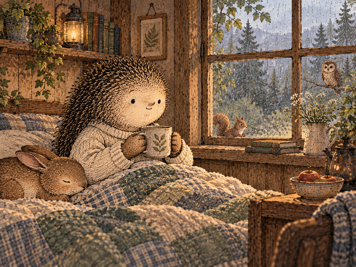 Day 48: You Can Wake Up With One Problem Instead of Two. Woodland hedgehog illustration.