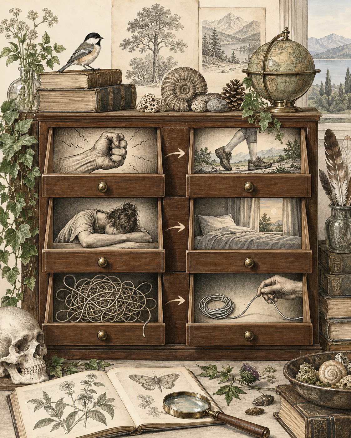 Vintage retrieval cabinet illustrating evidence-based responses to different stress states.
