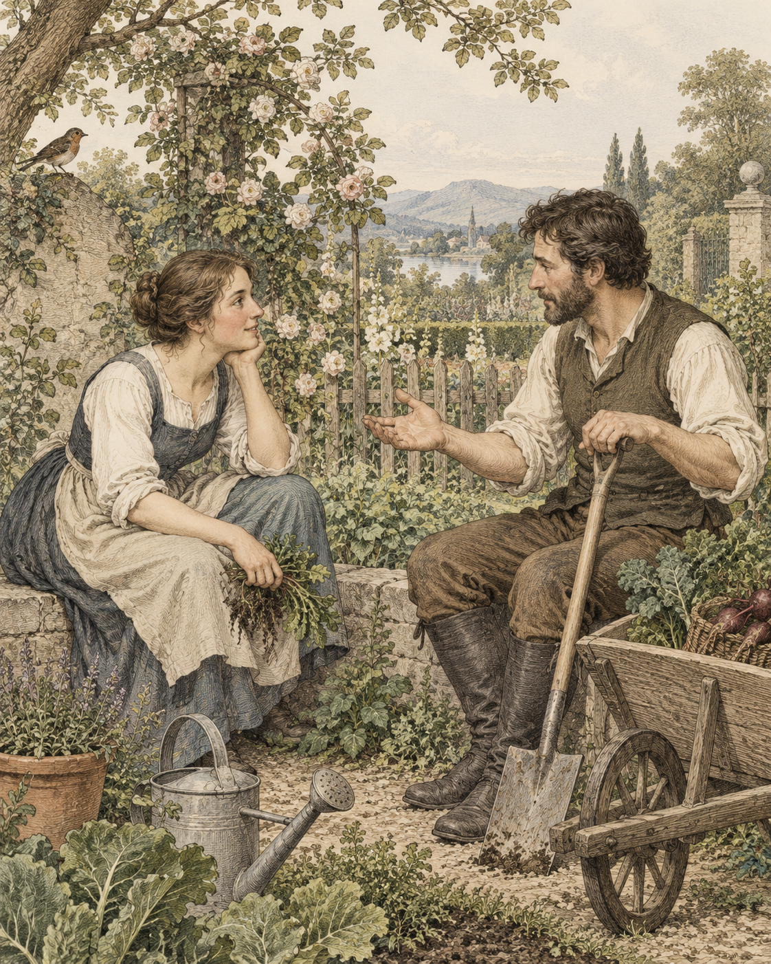 Two adults discussing their shared garden work in antique engraving.
