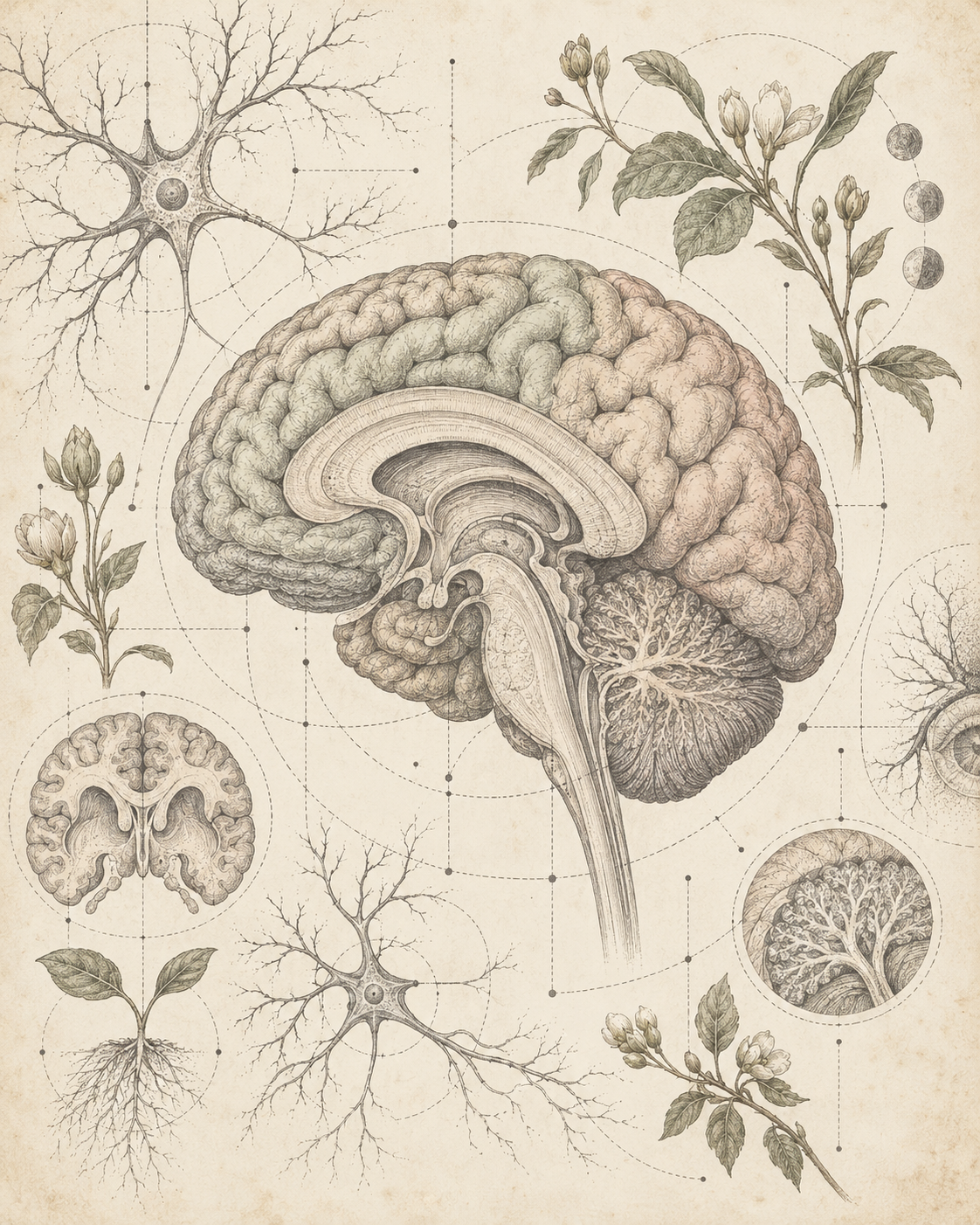 Vintage anatomical illustration of a brain, branching neurons and botanical growth.