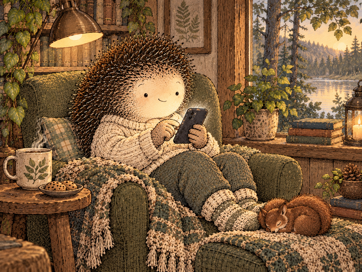 Day 286: A Cleaner Digital Environment Can Reduce Unplanned Attention Loss Without Requiring You to Stop Using Technology. Woodland hedgehog illustration.