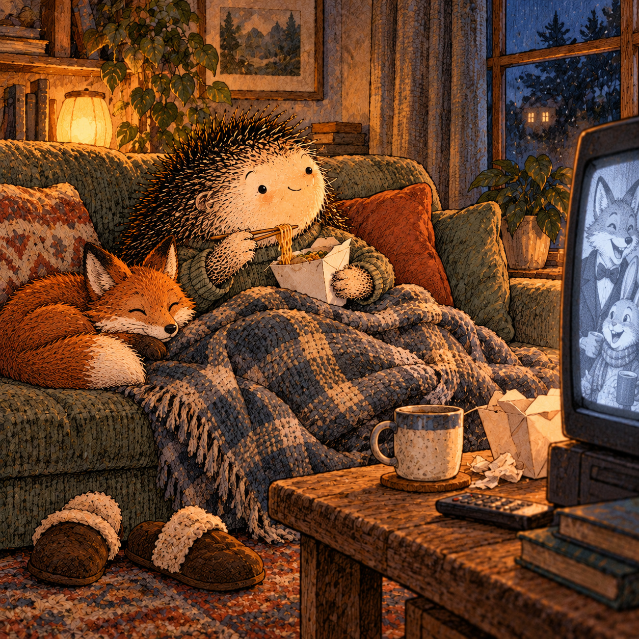 A gentle cream-faced, spiky-furred woodland companion exploring Day 49: A Terrible Day Protocol