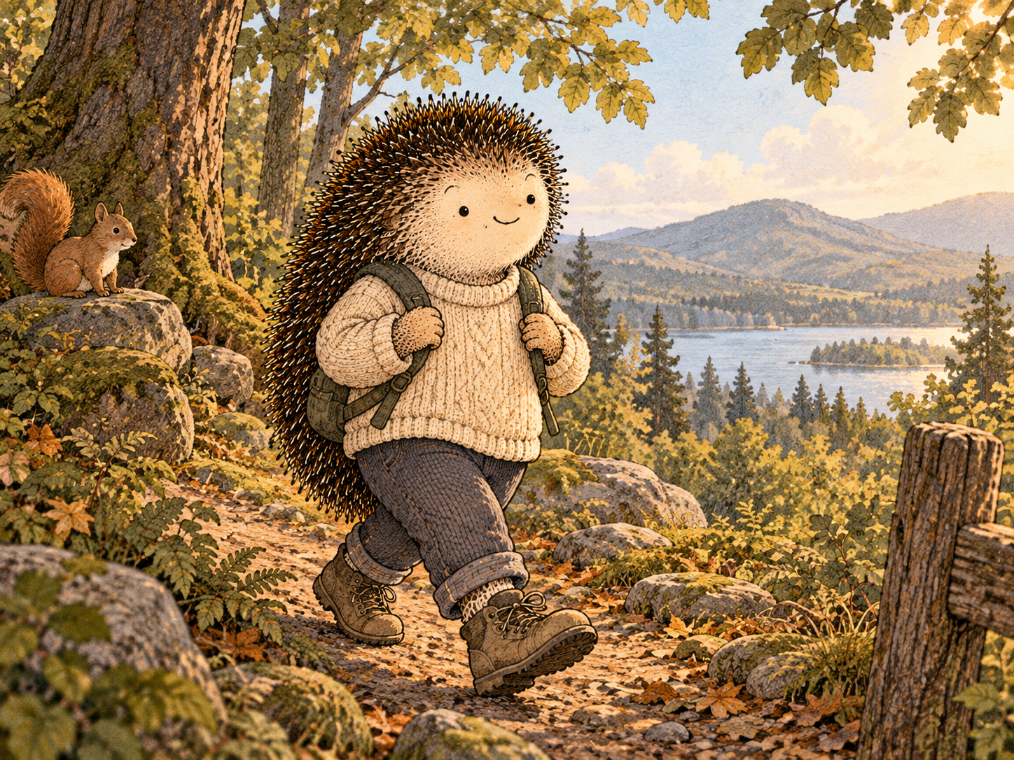 Day 127: Matching Restlessness to the Right Need Can End the Searching Faster. Woodland hedgehog illustration.