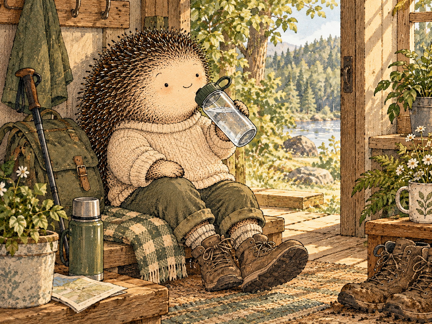 Day 101: Adequate Hydration Removes One Avoidable Source of Feeling Crummy. Woodland hedgehog illustration.