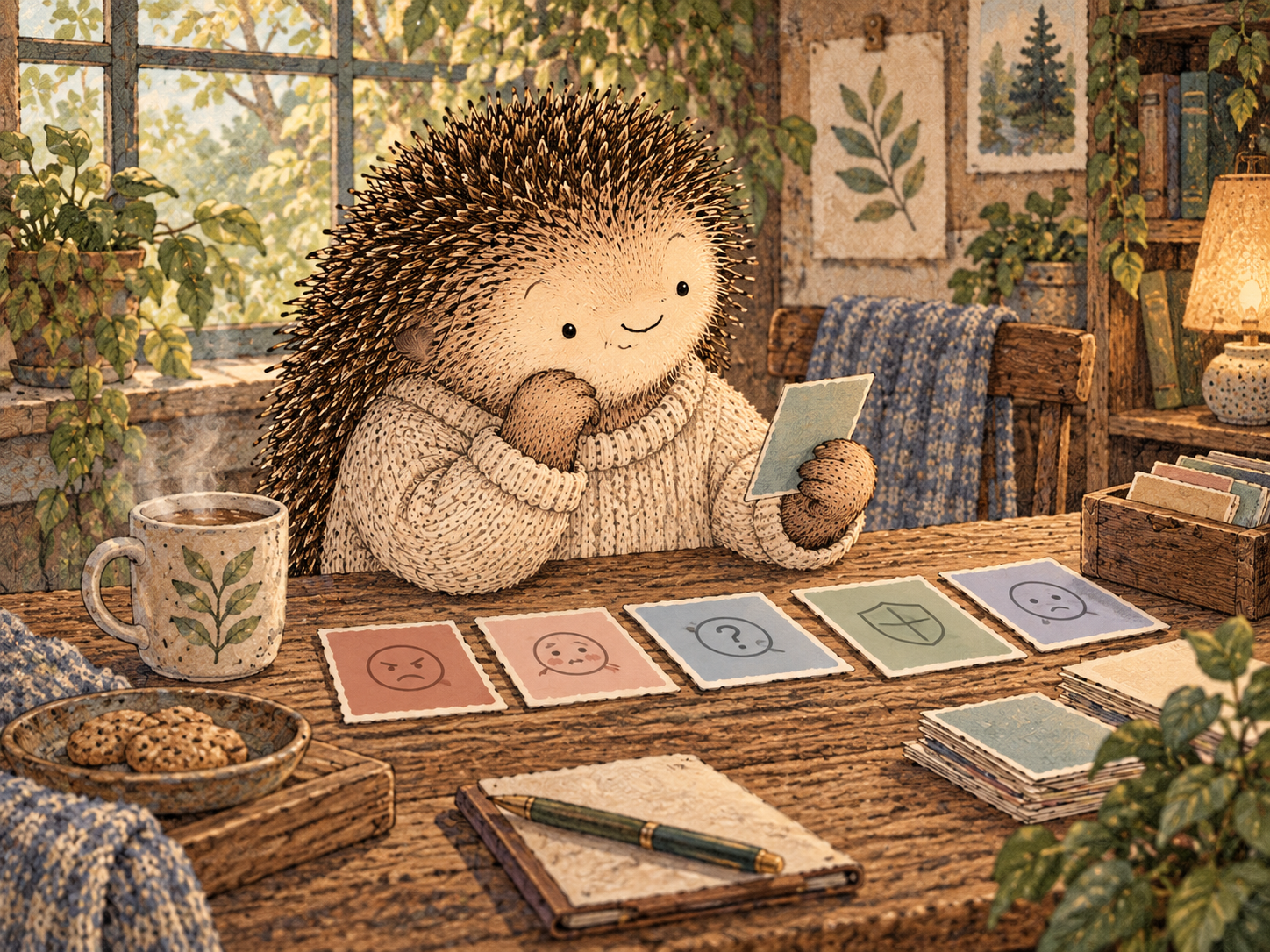 Day 122: More Precise Language Can Stop One Emotion From Hijacking the Whole Story. Woodland hedgehog illustration.