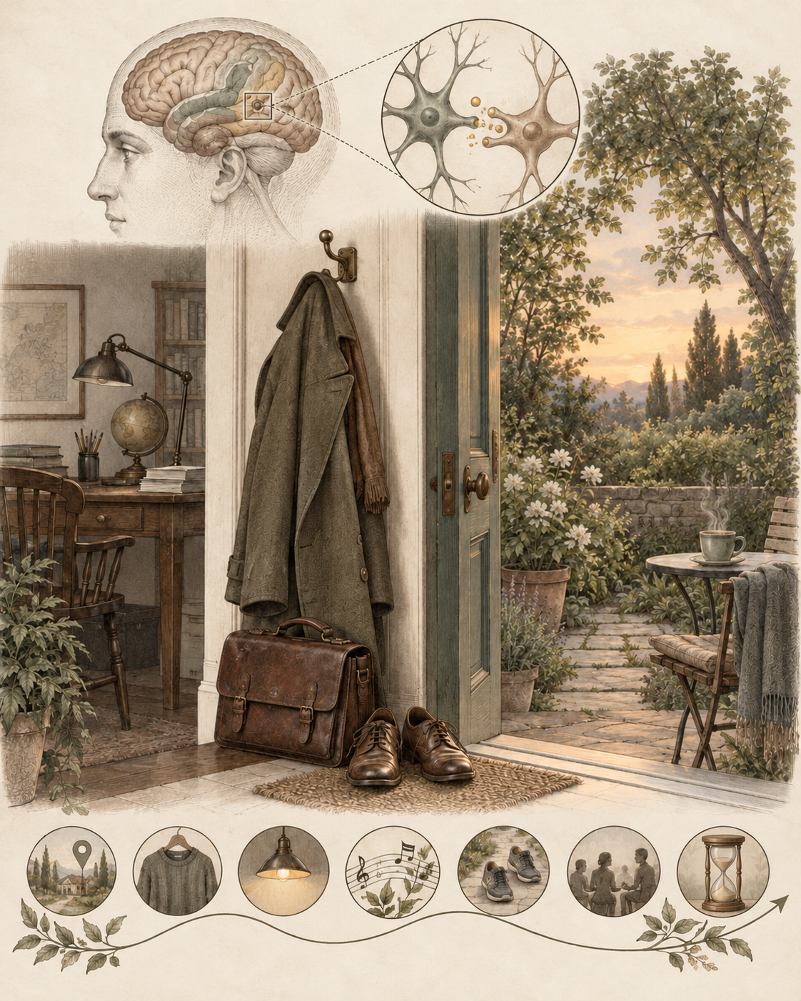 Vintage doorway illustrating a repeated transition from work to evening.