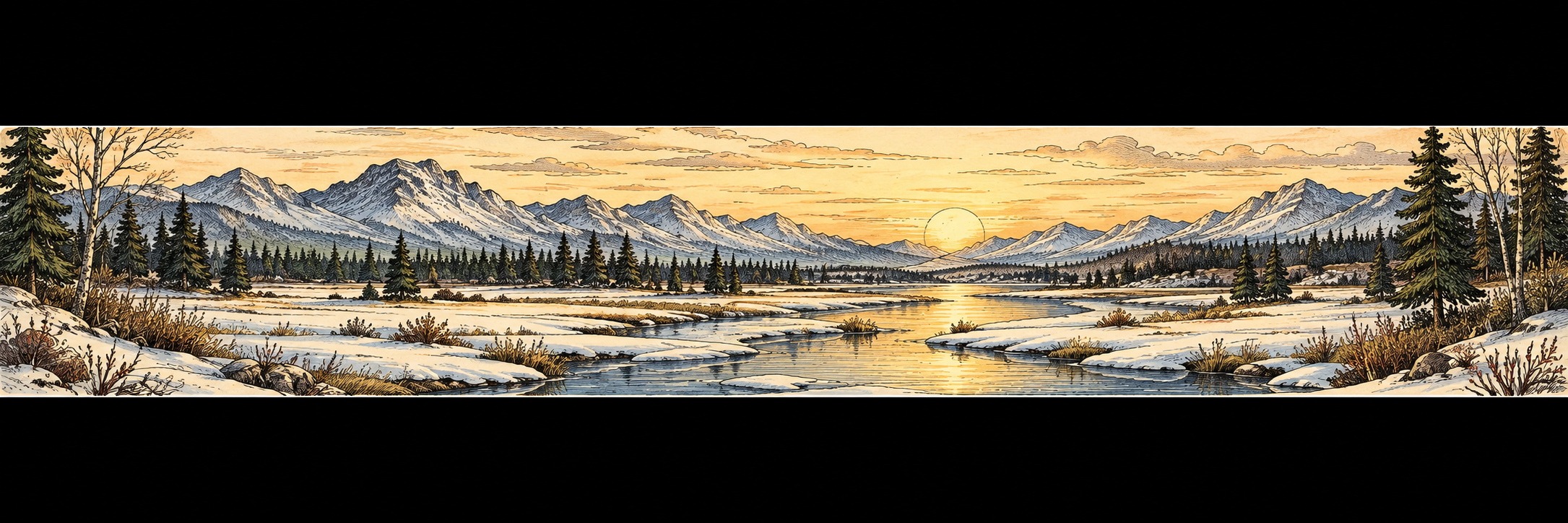Winter meadow with a thawing river and pale gold sky