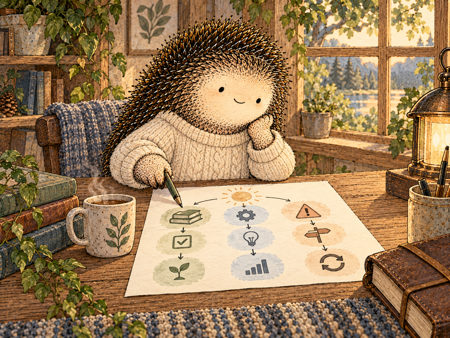 Day 360: A One-Page Operating System Makes a Year of Learning Usable When You Have the Least Attention Available. Woodland hedgehog illustration.