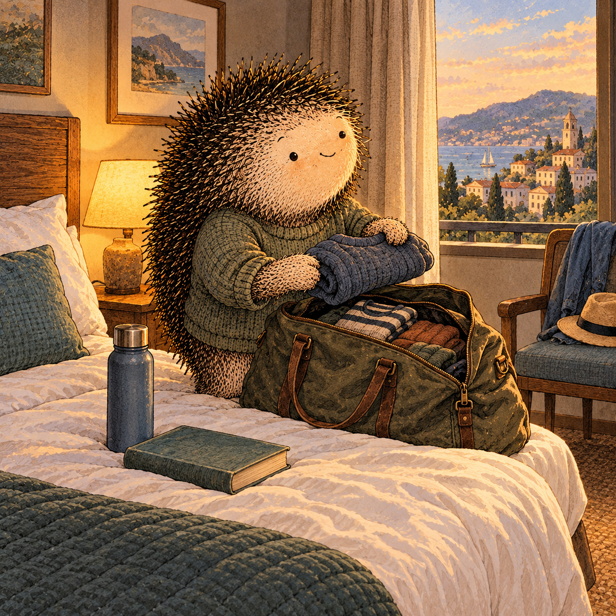 A gentle cream-faced, spiky-furred woodland companion exploring Day 54: Travel & Hotels